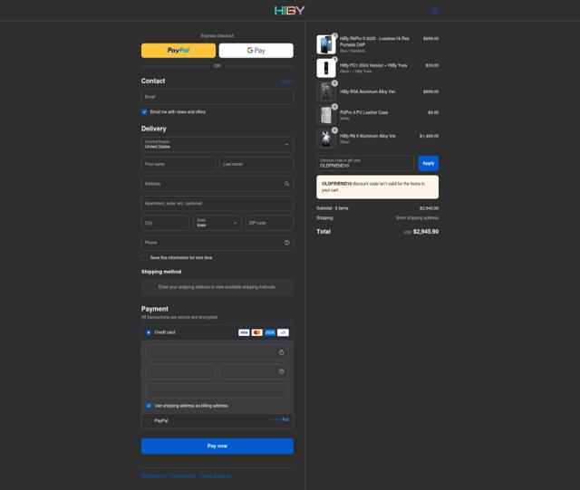 HiBy Music checkout page showing HiBy Music promo code box | Screenshot taken by SimplyCodes community member on Sep 17, 2025
