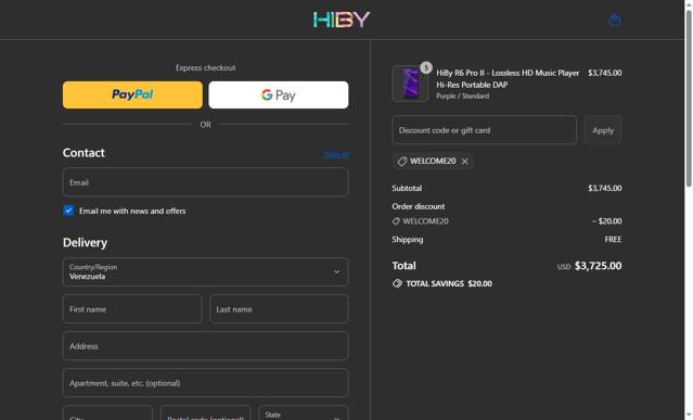 HiBy Music checkout page showing HiBy Music promo code box | Screenshot taken by SimplyCodes community member on Sep 16, 2025
