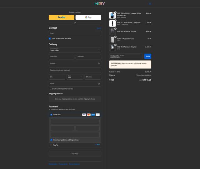 HiBy Music checkout page showing HiBy Music promo code box | Screenshot taken by SimplyCodes community member on Sep 12, 2025