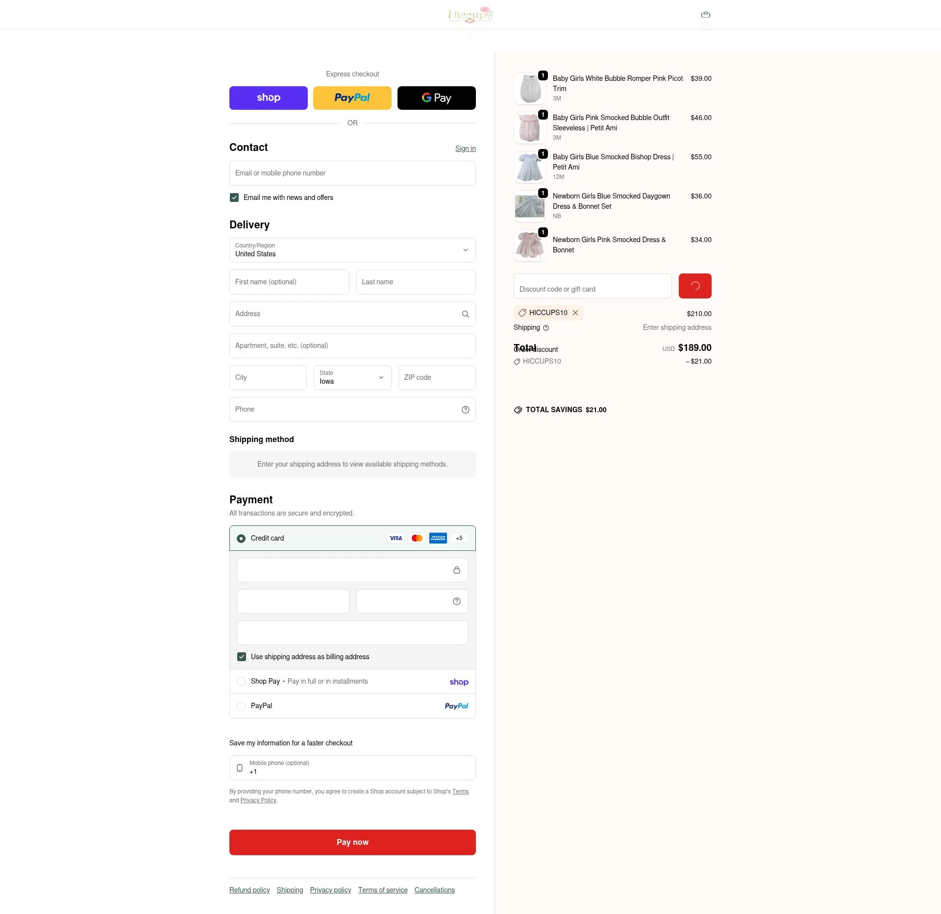 Hiccups Children's Boutique checkout page showing Hiccups Children's Boutique coupon code box | Screenshot taken by SimplyCodes community member on Feb 7, 2026