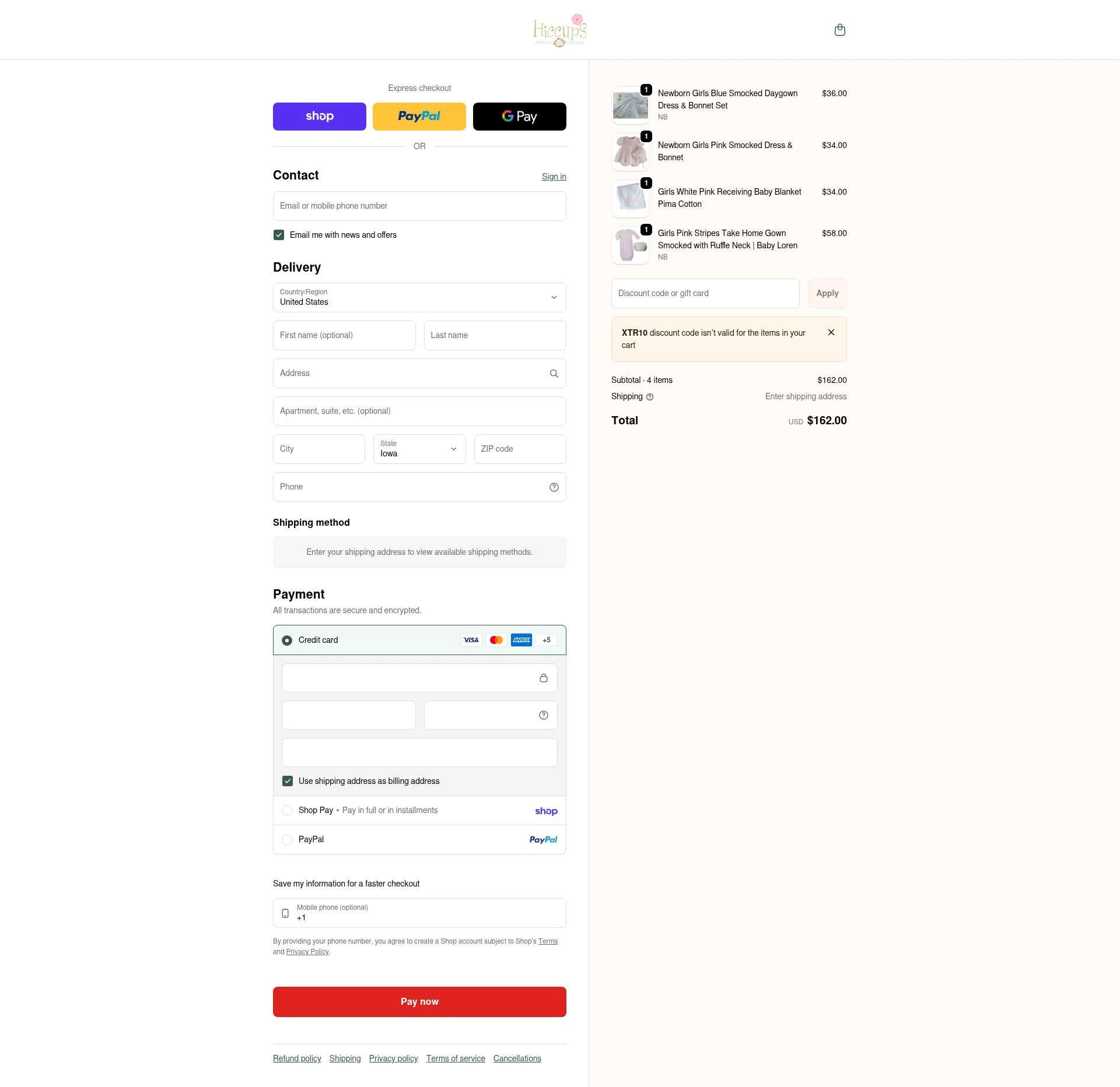 Hiccups Children's Boutique checkout page showing Hiccups Children's Boutique coupon code box | Screenshot taken by SimplyCodes community member on Feb 3, 2026
