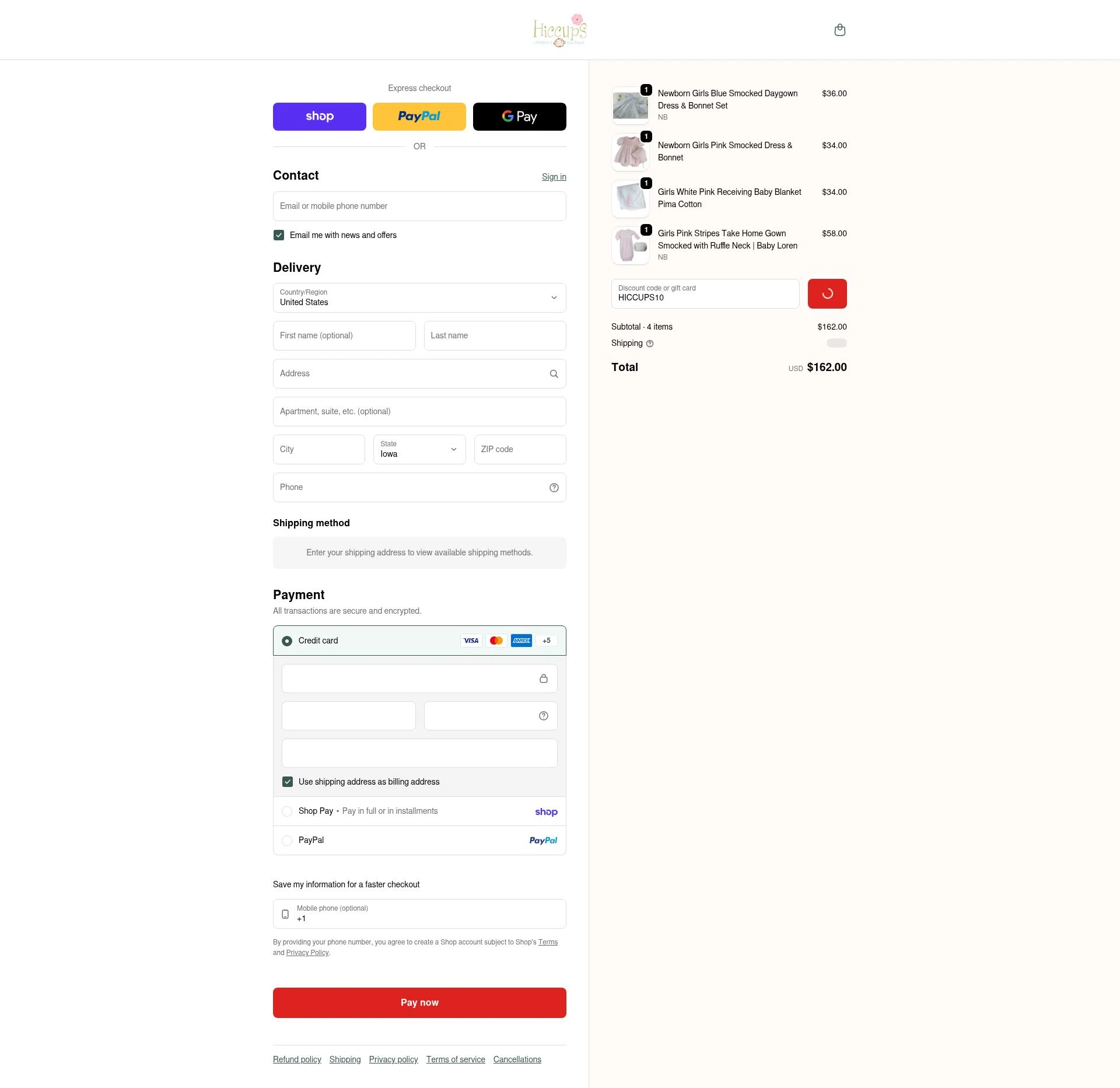 Hiccups Children's Boutique checkout page showing Hiccups Children's Boutique coupon code box | Screenshot taken by SimplyCodes community member on Feb 3, 2026