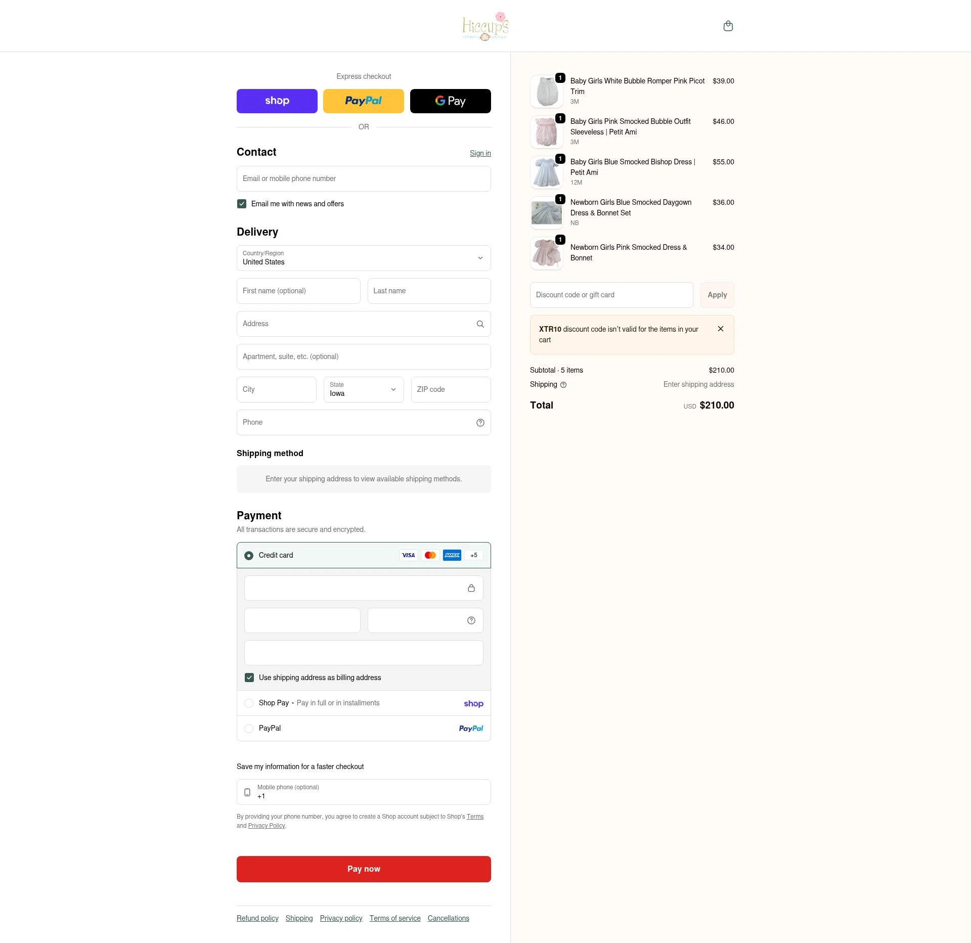 Hiccups Children's Boutique checkout page showing Hiccups Children's Boutique coupon code box | Screenshot taken by SimplyCodes community member on Feb 7, 2026