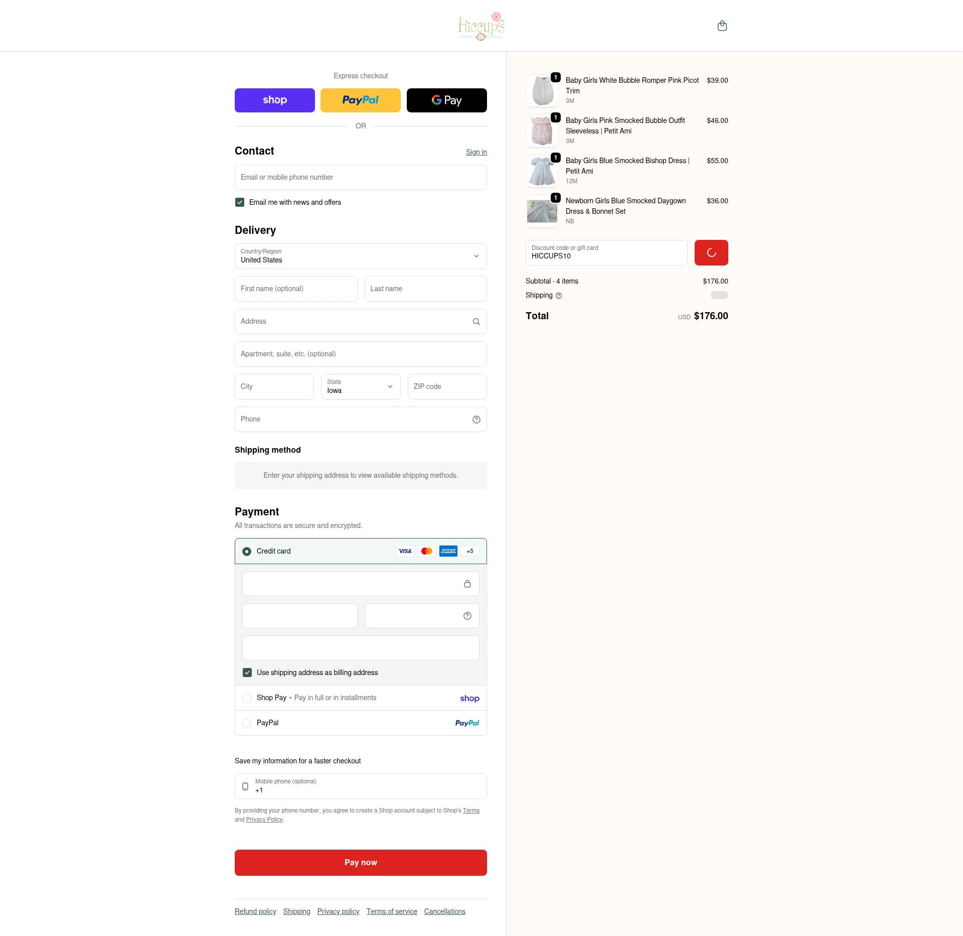 Hiccups Children's Boutique checkout page showing Hiccups Children's Boutique coupon code box | Screenshot taken by SimplyCodes community member on Feb 11, 2026