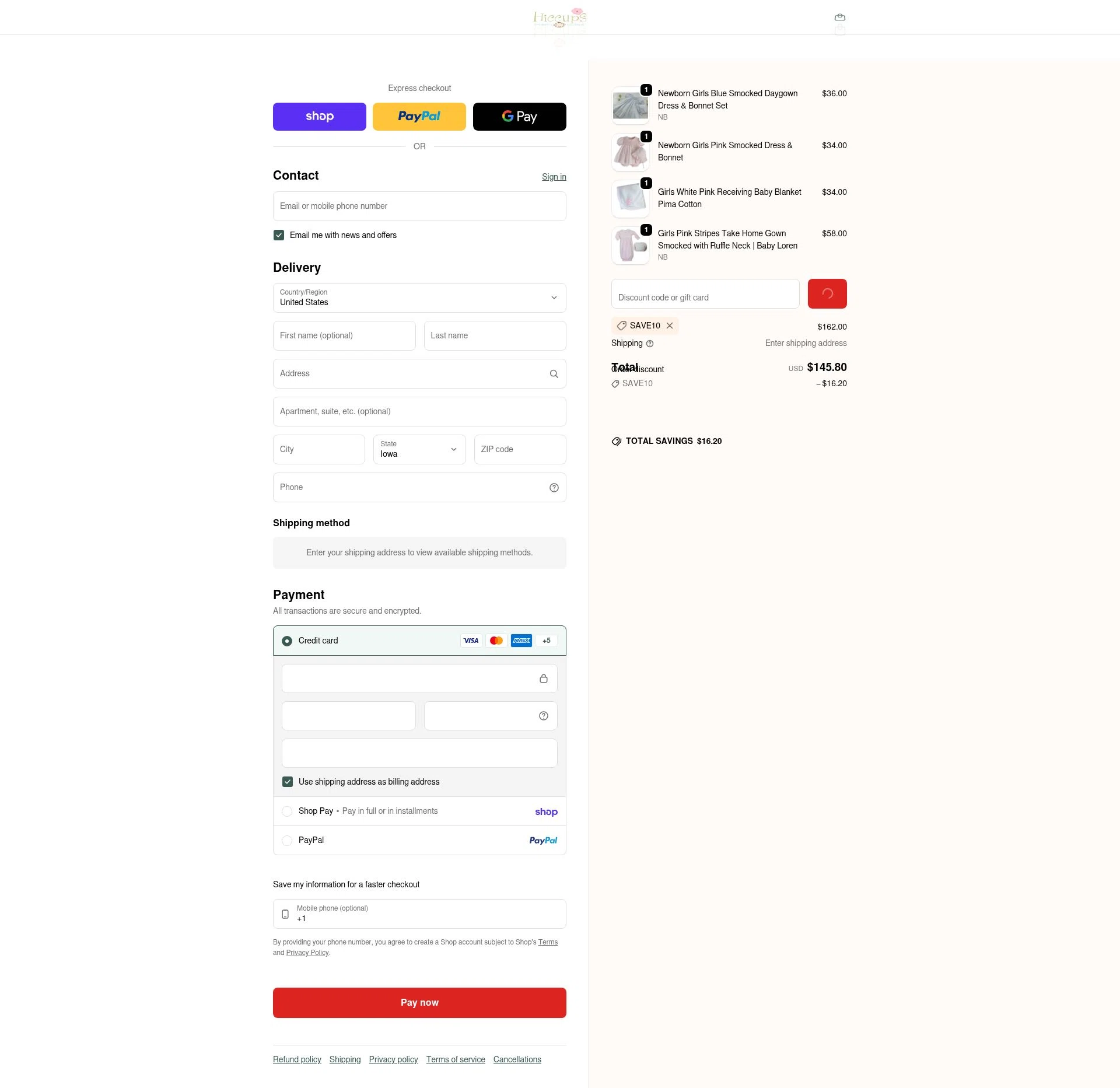 Hiccups Children's Boutique checkout page showing Hiccups Children's Boutique coupon code box | Screenshot taken by SimplyCodes community member on Feb 3, 2026