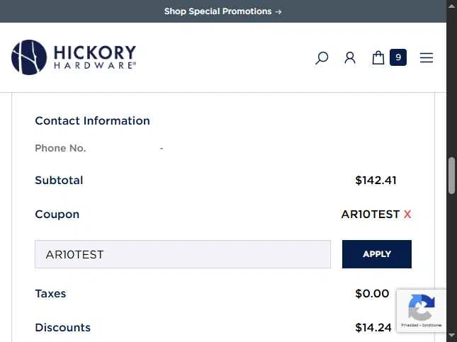 Hickory Hardware checkout page showing Hickory Hardware discount code box | Screenshot taken by SimplyCodes community member on May 18, 2025