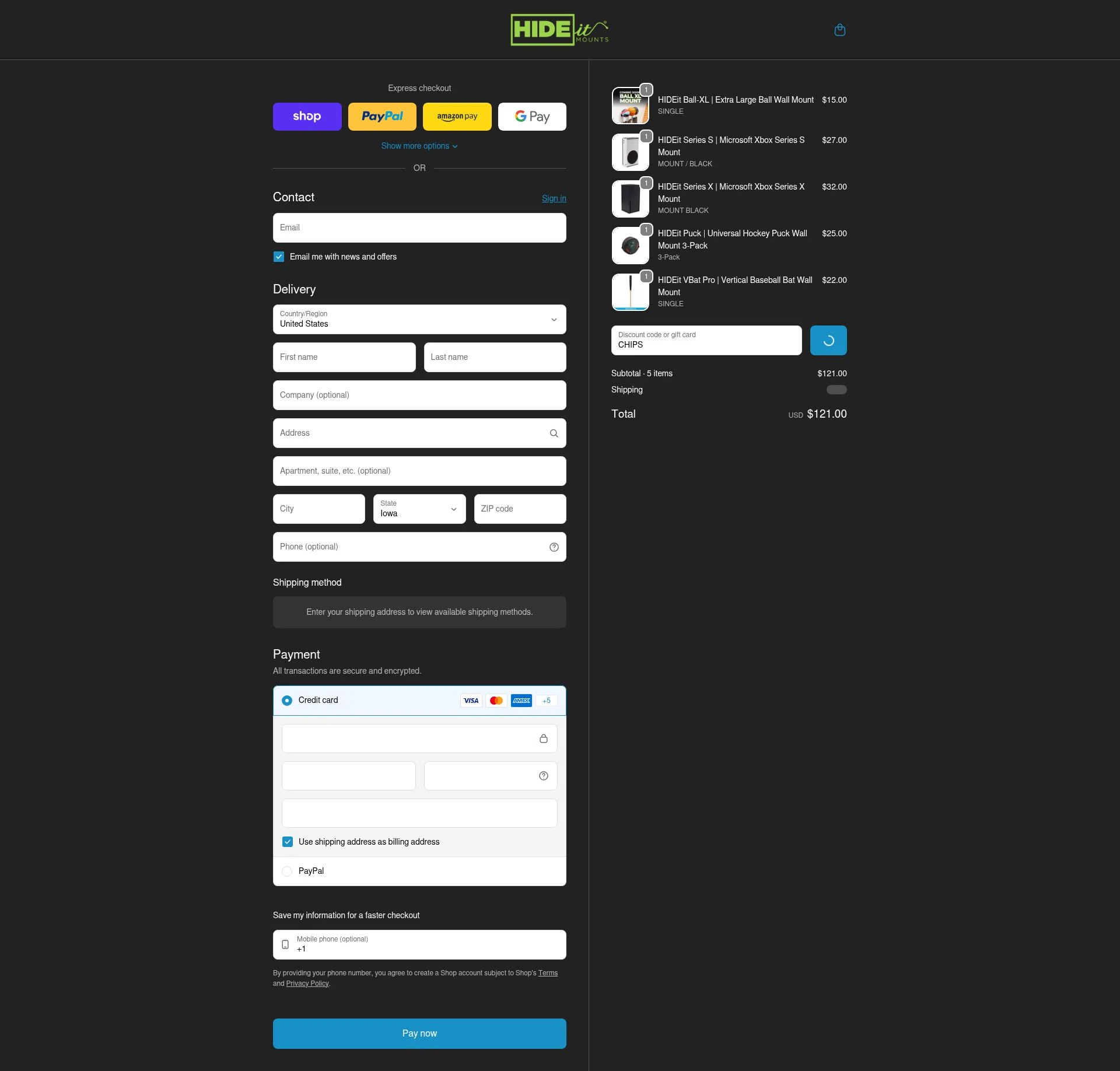 HIDEit Mounts checkout page showing HIDEit Mounts discount code box | Screenshot taken by SimplyCodes community member on Feb 9, 2026