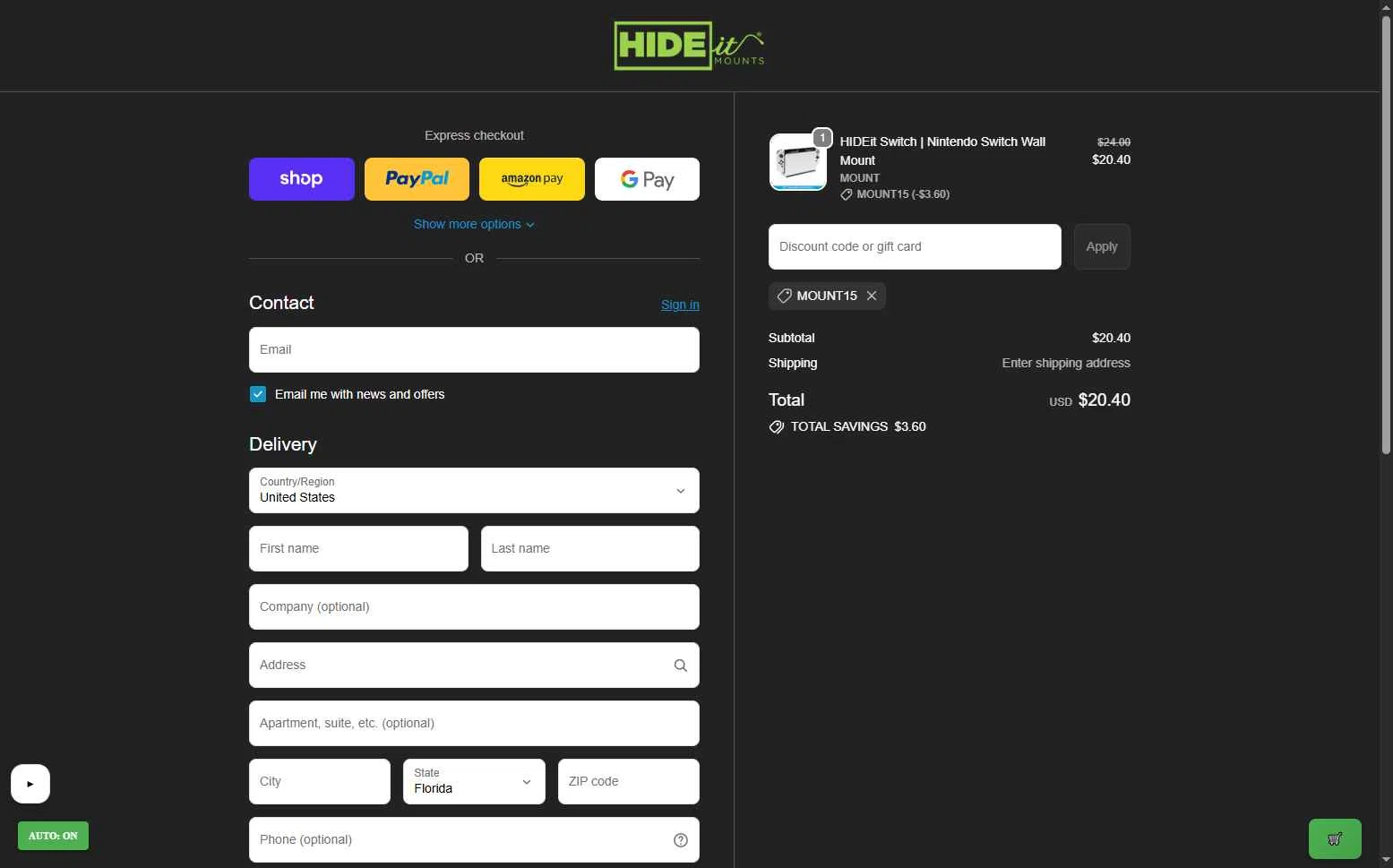 HIDEit Mounts checkout page showing HIDEit Mounts discount code box | Screenshot taken by SimplyCodes community member on Feb 5, 2026