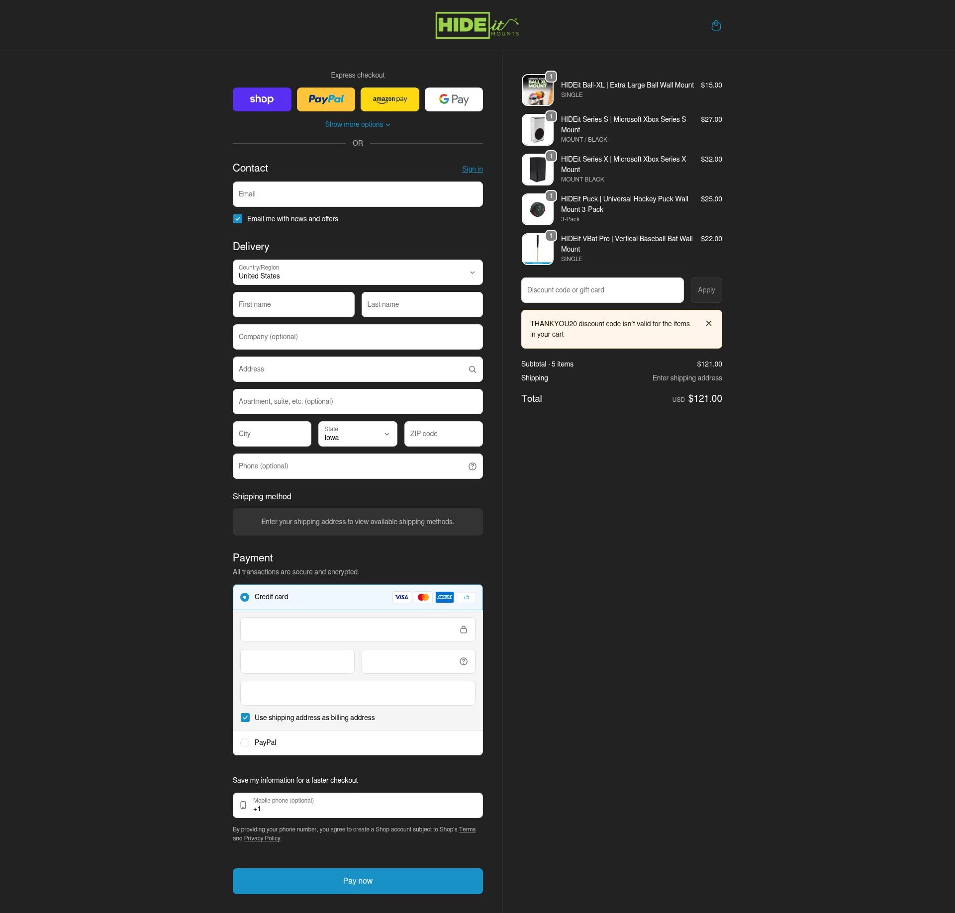 HIDEit Mounts checkout page showing HIDEit Mounts discount code box | Screenshot taken by SimplyCodes community member on Feb 5, 2026