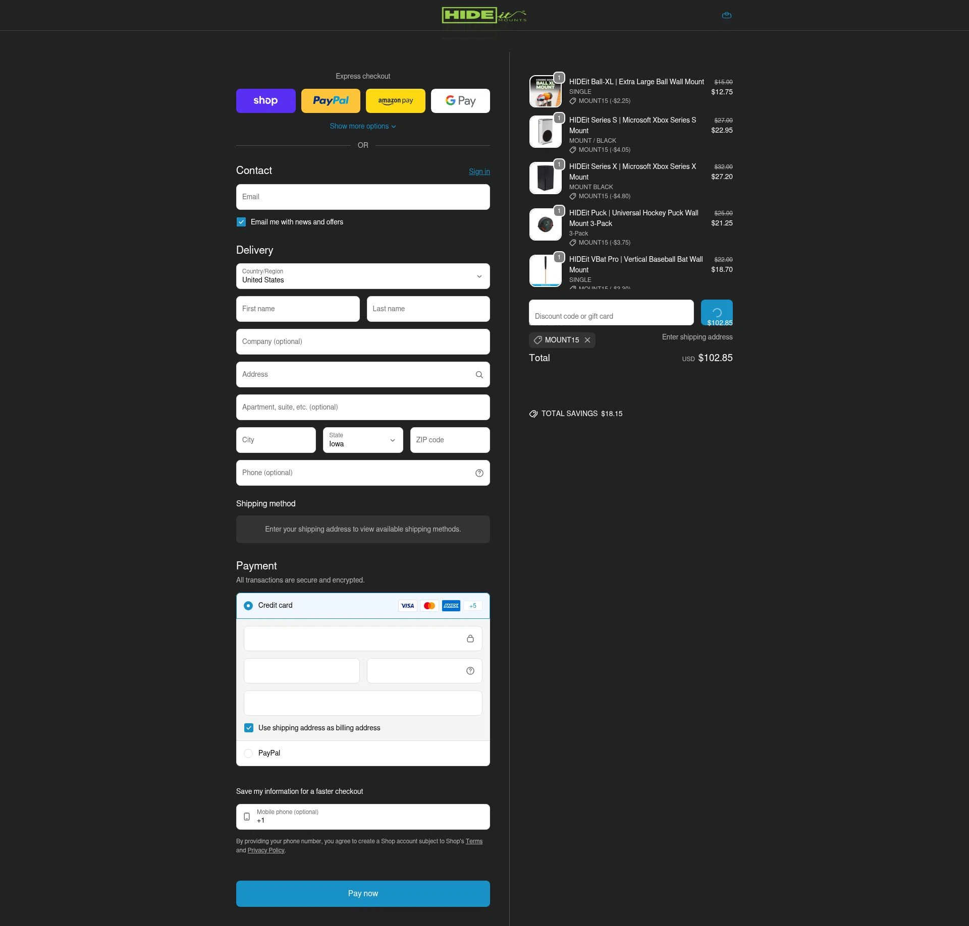 HIDEit Mounts checkout page showing HIDEit Mounts discount code box | Screenshot taken by SimplyCodes community member on Feb 9, 2026