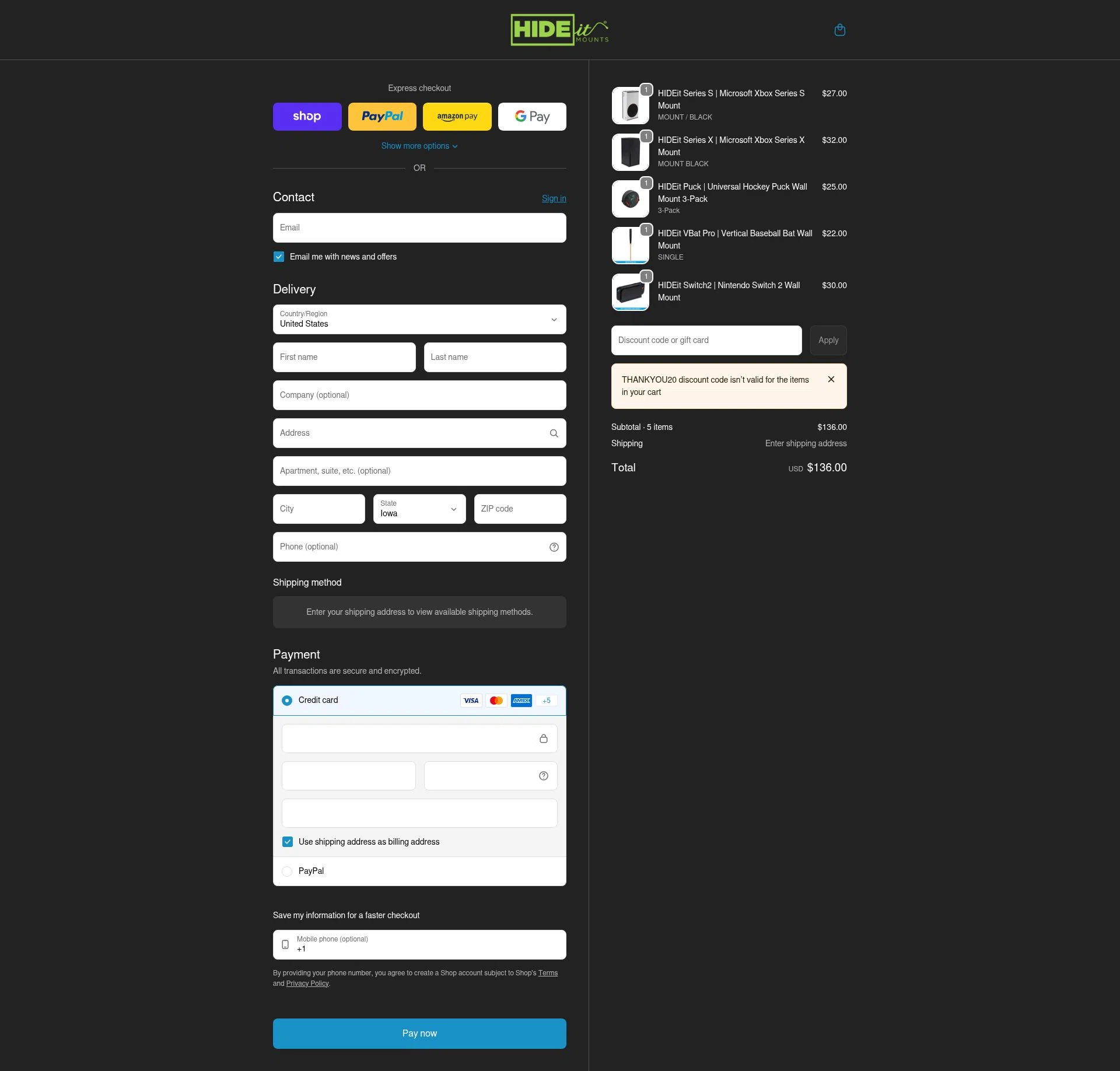HIDEit Mounts checkout page showing HIDEit Mounts discount code box | Screenshot taken by SimplyCodes community member on Jan 31, 2026