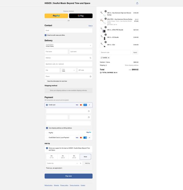 Hidizs checkout page showing Hidizs discount code box | Screenshot taken by SimplyCodes community member on Sep 14, 2025