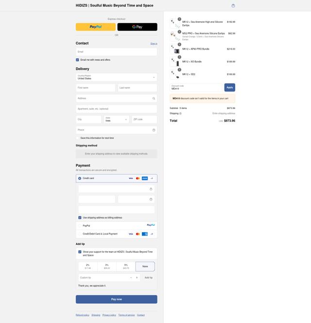Hidizs checkout page showing Hidizs discount code box | Screenshot taken by SimplyCodes community member on Sep 14, 2025