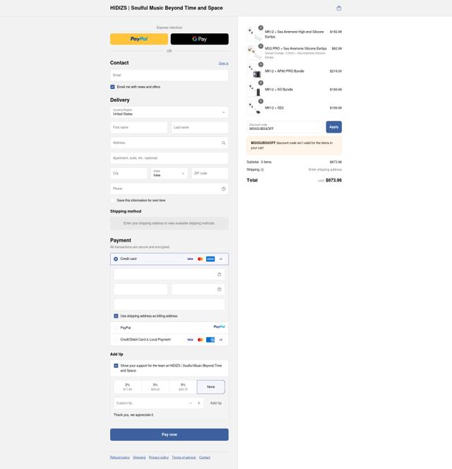 Hidizs checkout page showing Hidizs discount code box | Screenshot taken by SimplyCodes community member on Sep 14, 2025