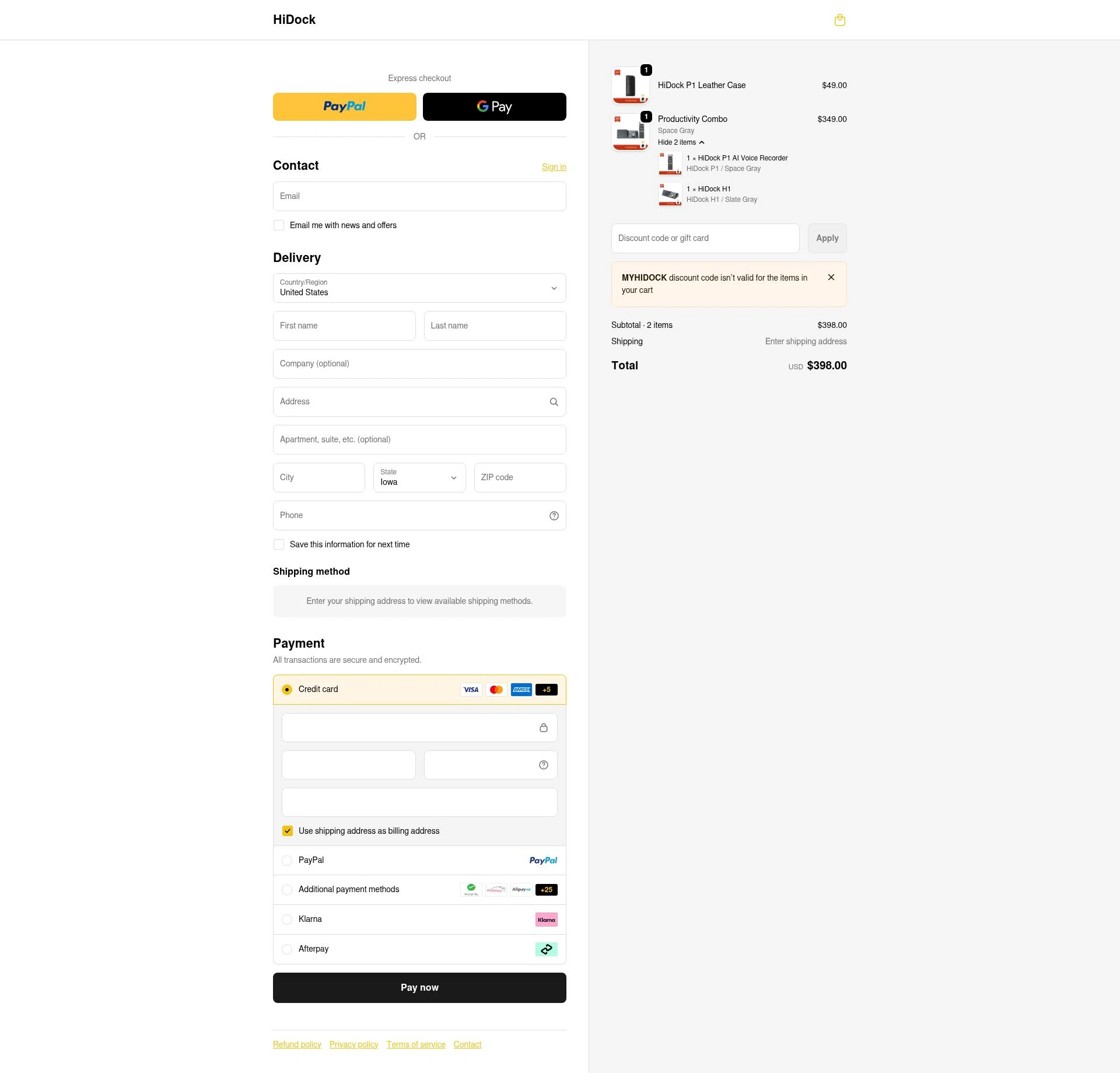 HiDock checkout page showing HiDock discount code box | Screenshot taken by SimplyCodes community member on Dec 24, 2025