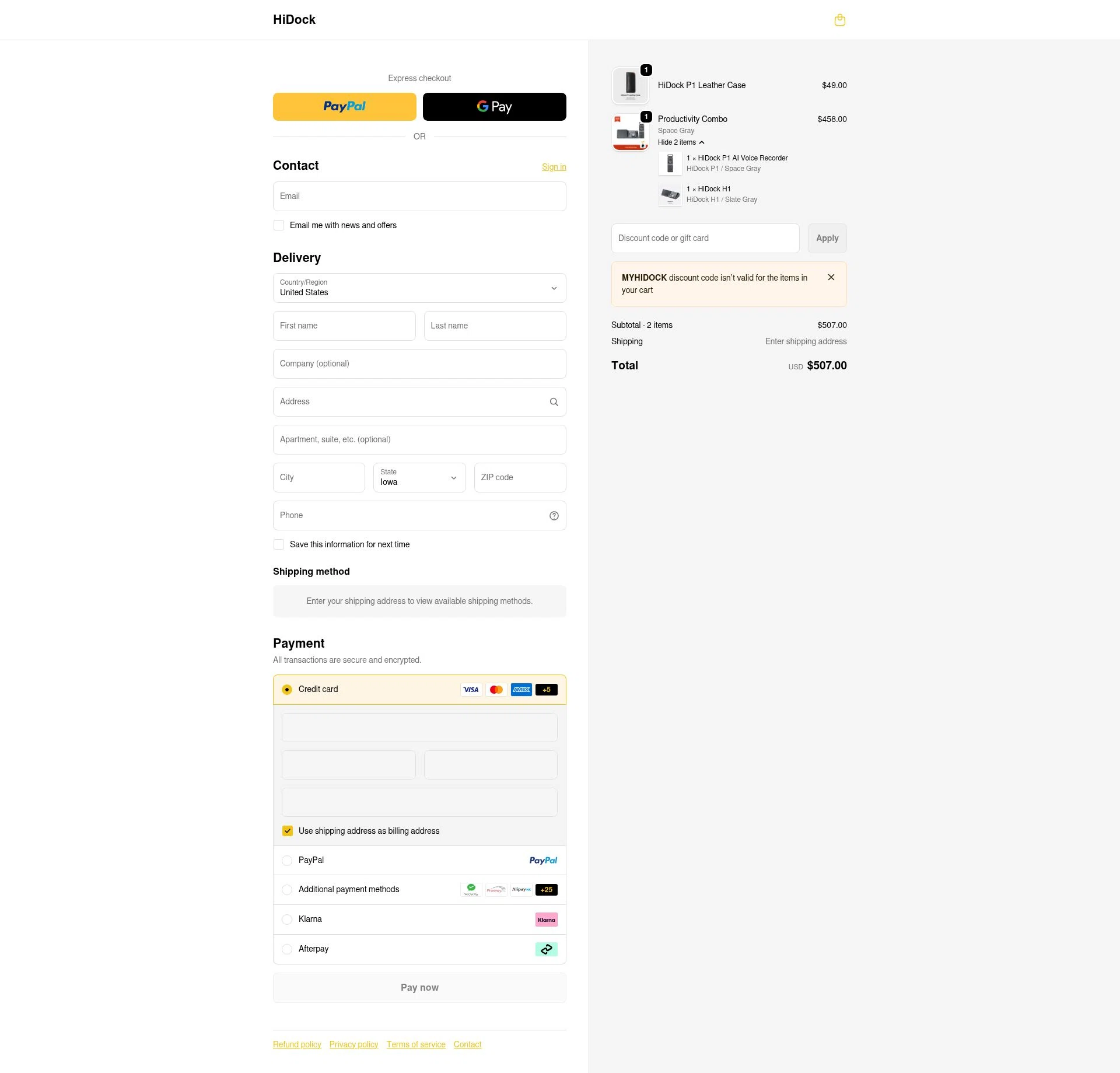 HiDock checkout page showing HiDock discount code box | Screenshot taken by SimplyCodes community member on Dec 29, 2025