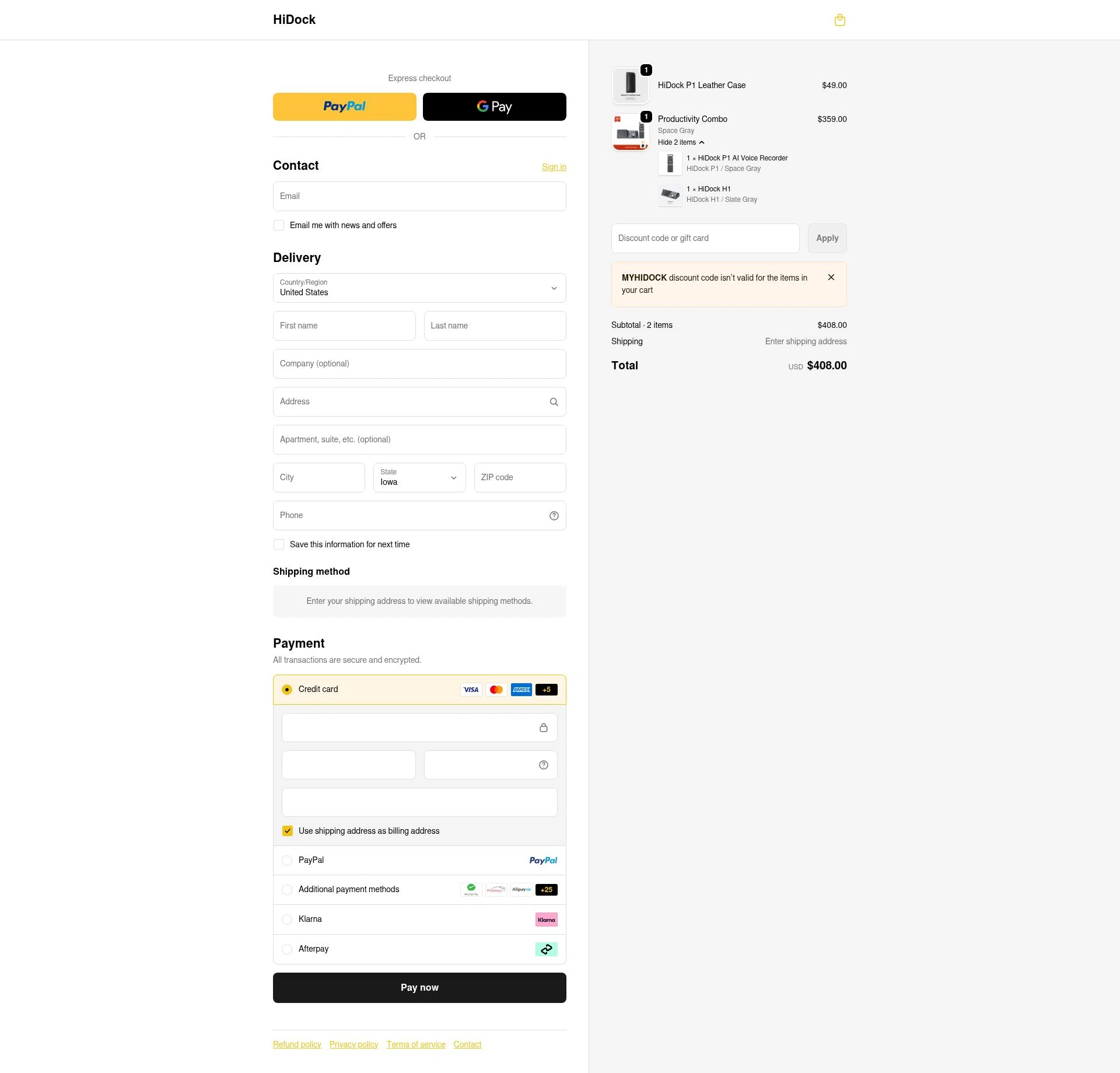 HiDock checkout page showing HiDock discount code box | Screenshot taken by SimplyCodes community member on Jan 3, 2026