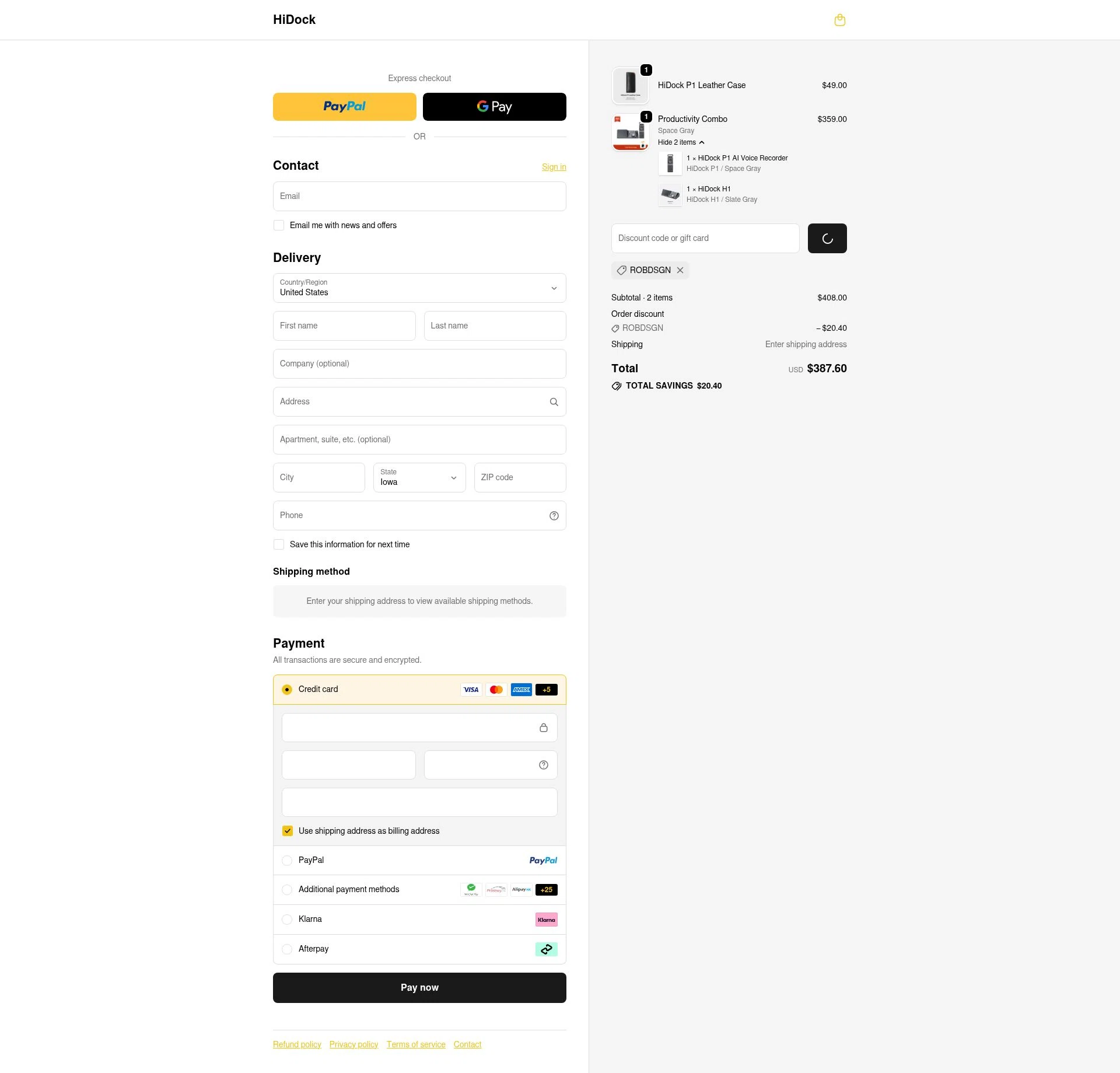 HiDock checkout page showing HiDock discount code box | Screenshot taken by SimplyCodes community member on Jan 3, 2026