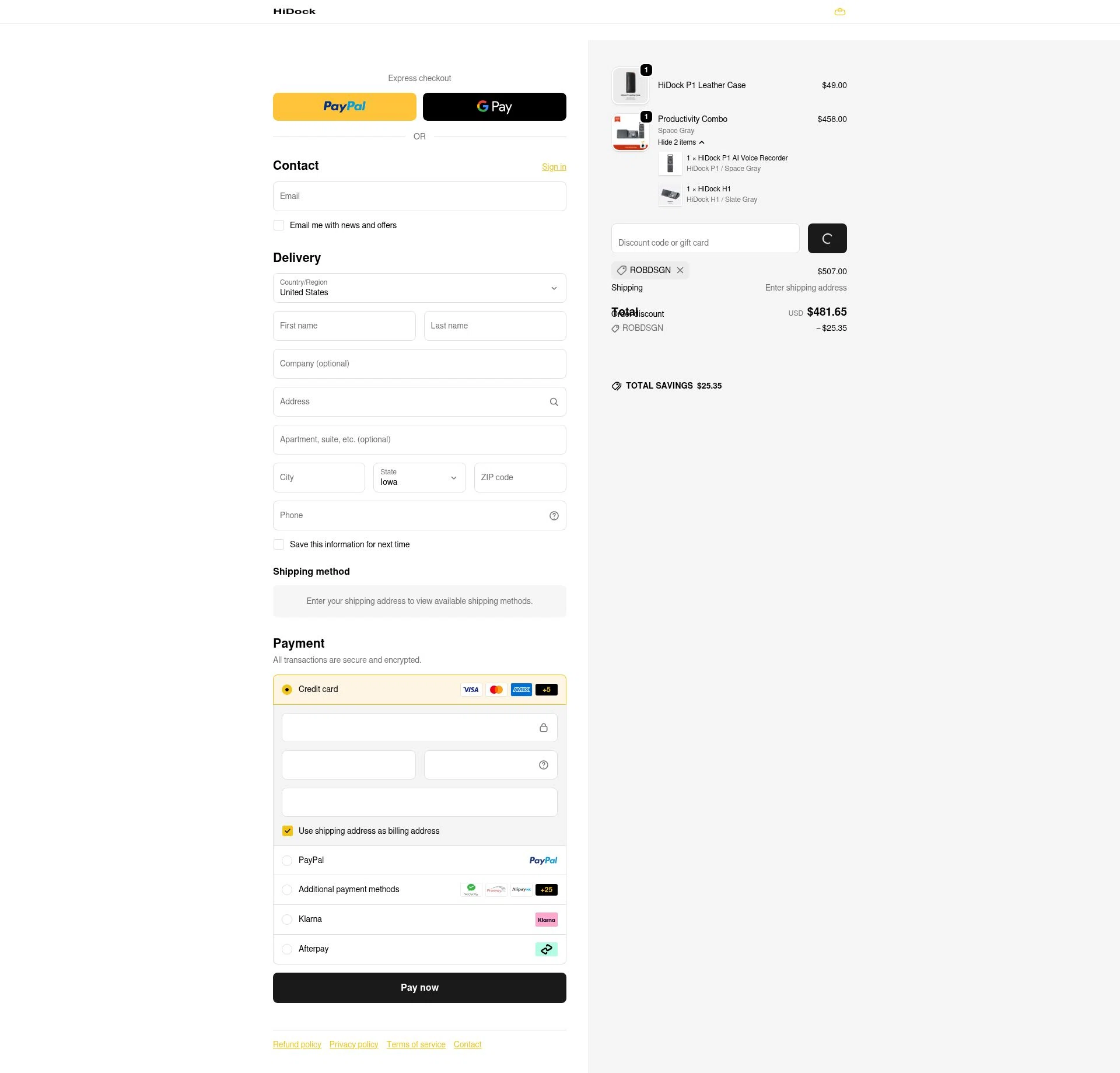 HiDock checkout page showing HiDock discount code box | Screenshot taken by SimplyCodes community member on Dec 29, 2025