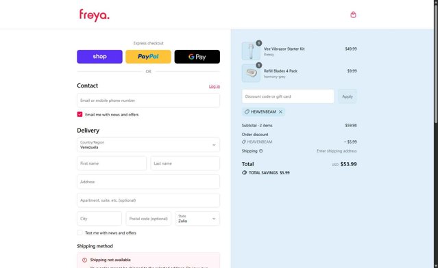 Freya. checkout page showing Freya. coupon code box | Screenshot taken by SimplyCodes community member on Sep 4, 2025