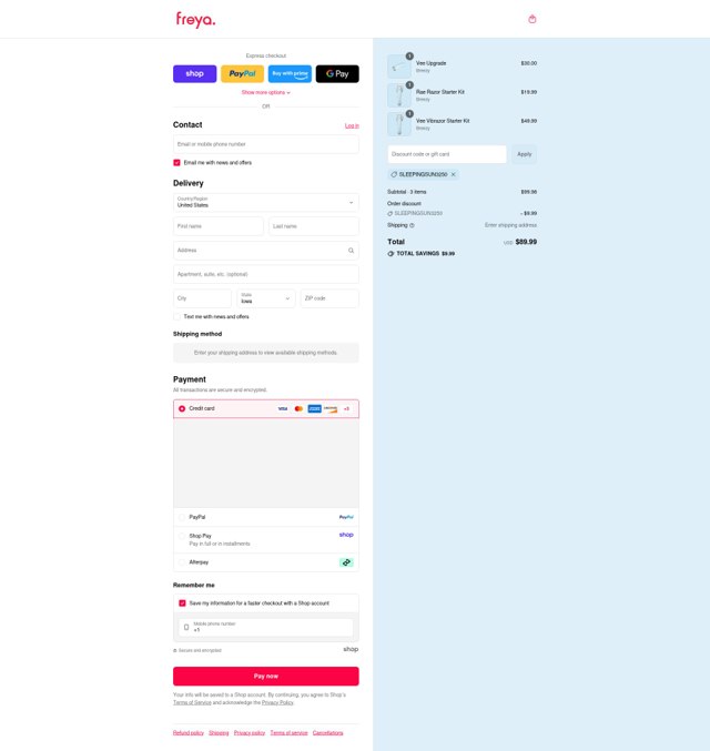 Freya. checkout page showing Freya. coupon code box | Screenshot taken by SimplyCodes community member on Sep 2, 2025