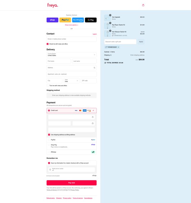 Freya. checkout page showing Freya. coupon code box | Screenshot taken by SimplyCodes community member on Sep 2, 2025