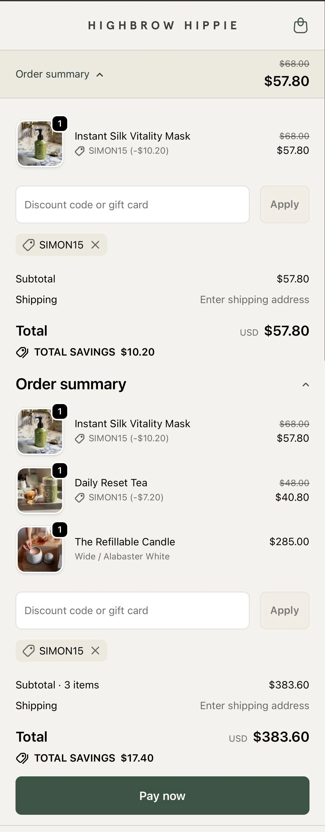 Highbrow Hippie discount code screenshot showing code SIMON15 applied at Highbrow Hippie checkout page. Uploaded by SimplyCodes community member JackR3 on Dec 30, 2025