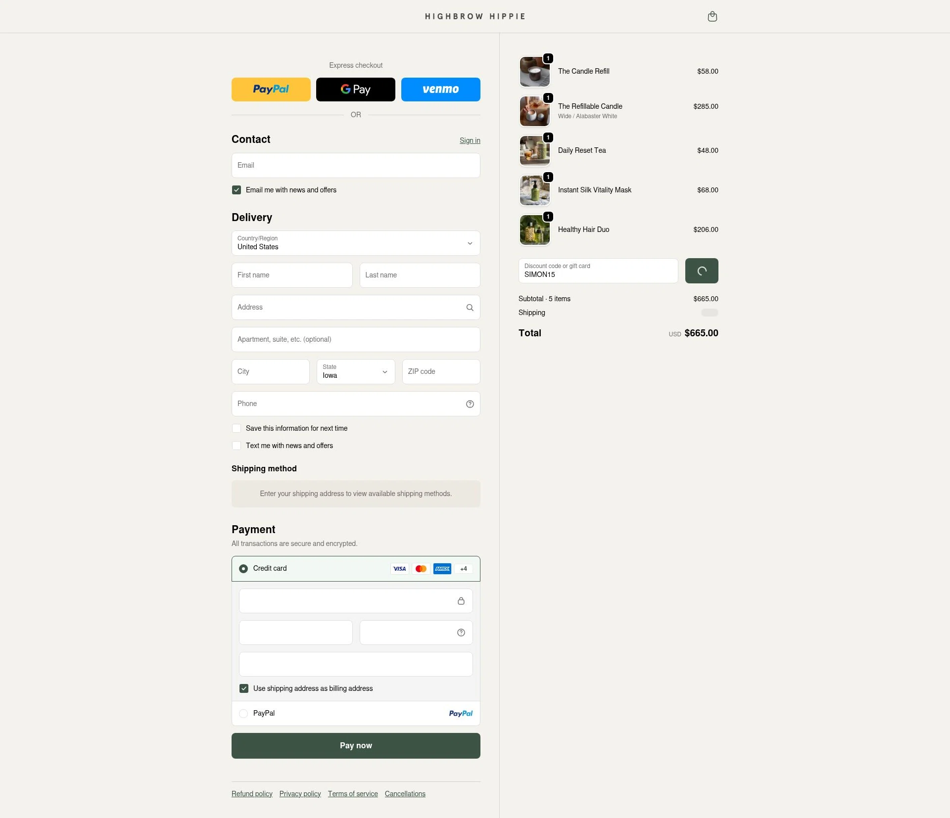 Highbrow Hippie checkout page showing Highbrow Hippie discount code box | Screenshot taken by SimplyCodes community member on Jan 7, 2026