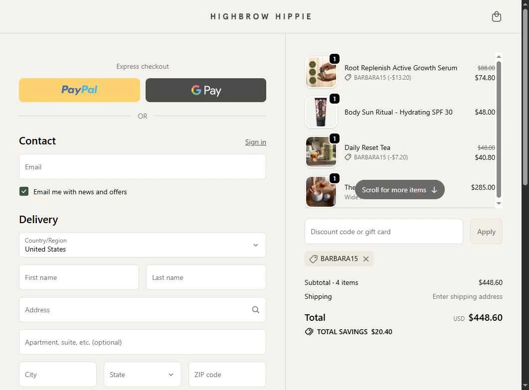 Highbrow Hippie checkout page showing Highbrow Hippie discount code box | Screenshot taken by SimplyCodes community member on Jan 2, 2026