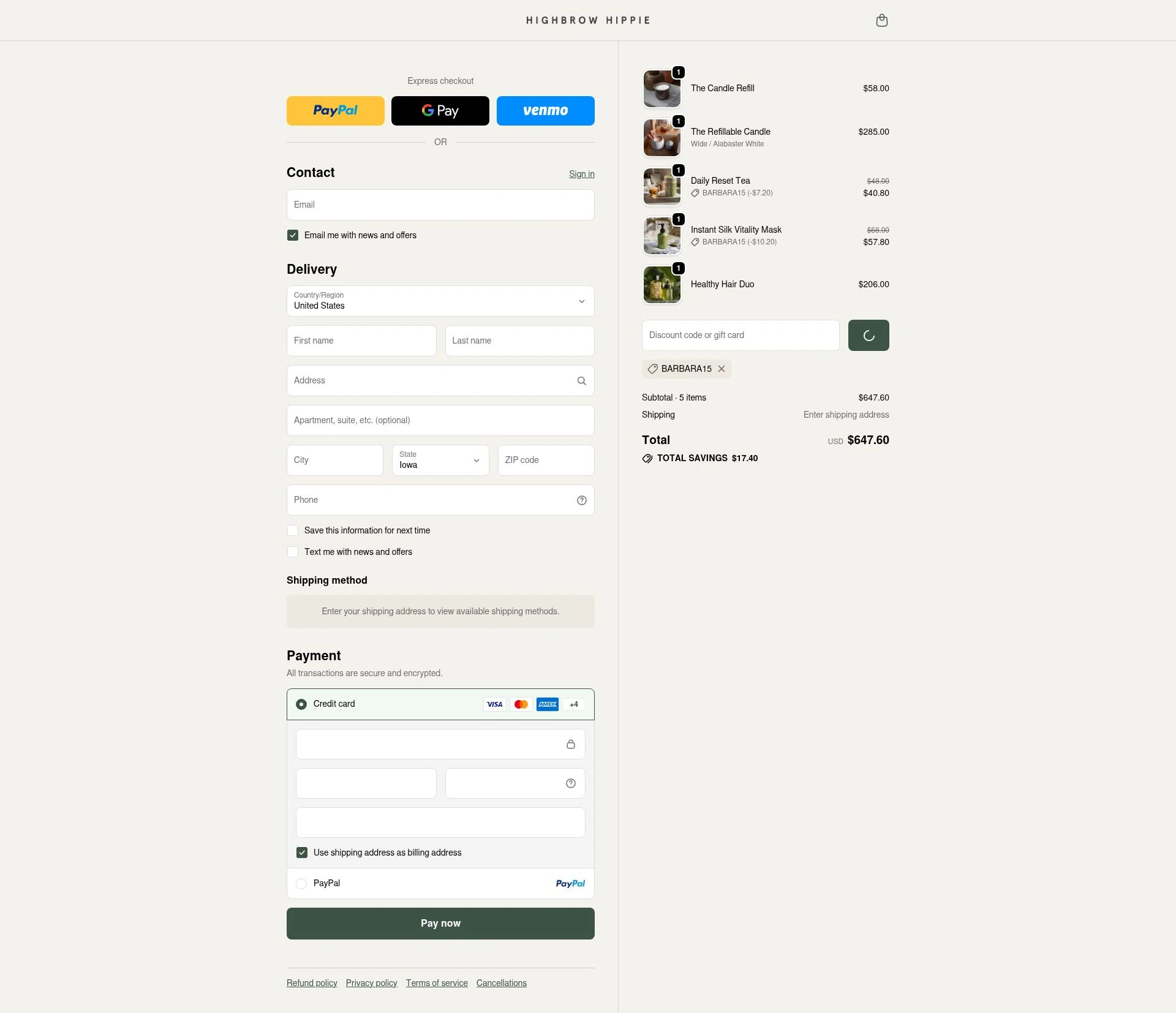 Highbrow Hippie checkout page showing Highbrow Hippie discount code box | Screenshot taken by SimplyCodes community member on Jan 7, 2026