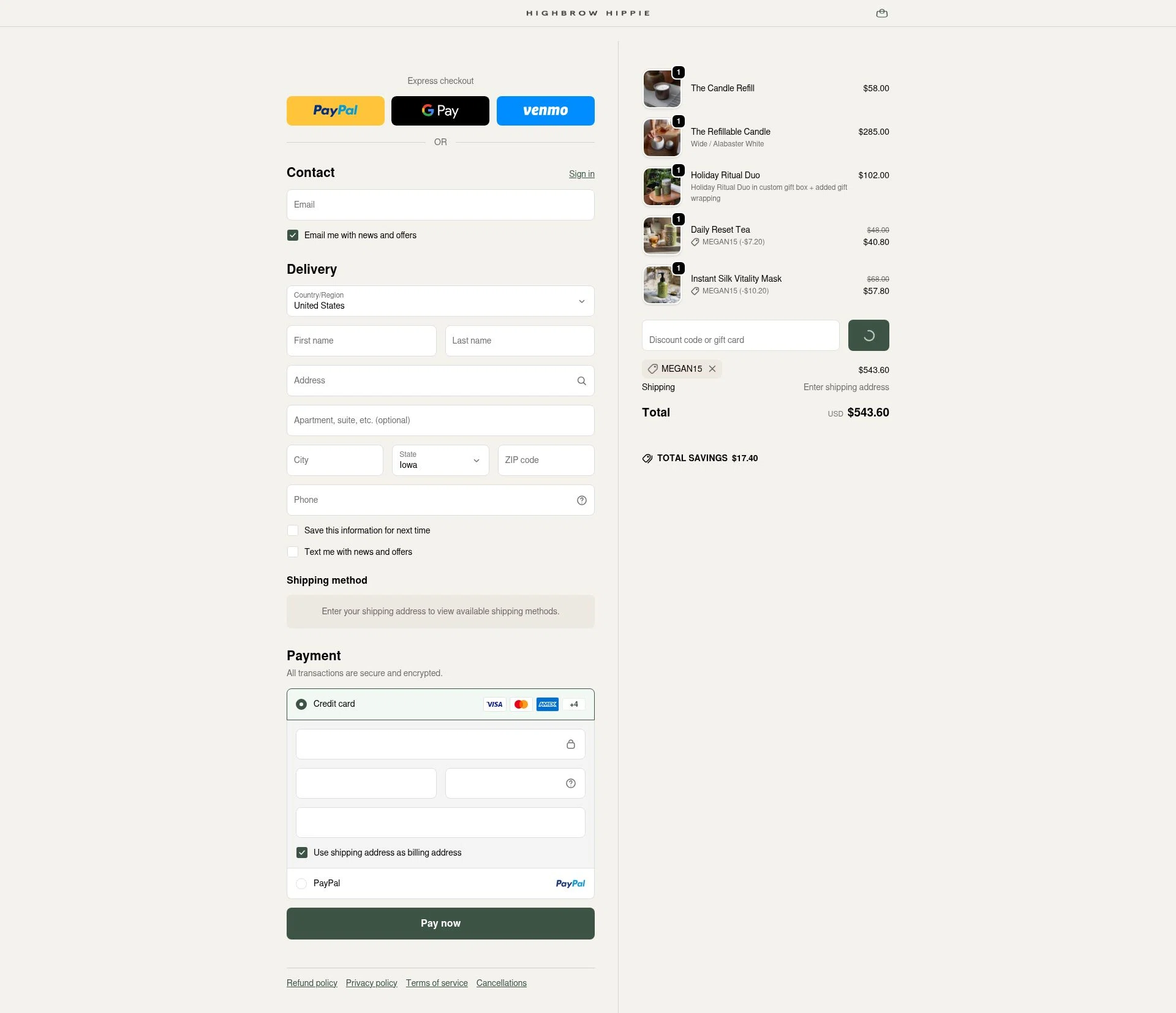 Highbrow Hippie checkout page showing Highbrow Hippie discount code box | Screenshot taken by SimplyCodes community member on Jan 2, 2026