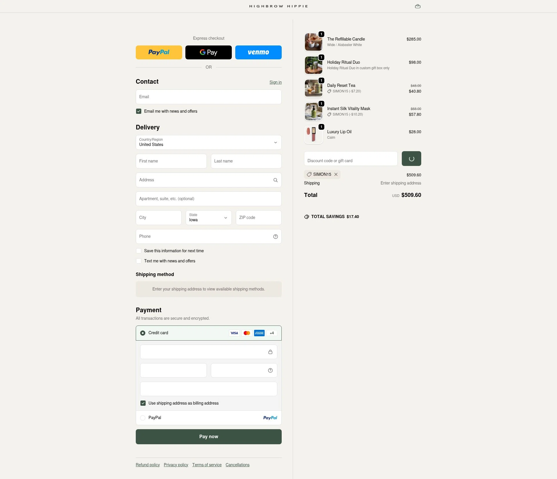 Highbrow Hippie checkout page showing Highbrow Hippie discount code box | Screenshot taken by SimplyCodes community member on Dec 28, 2025