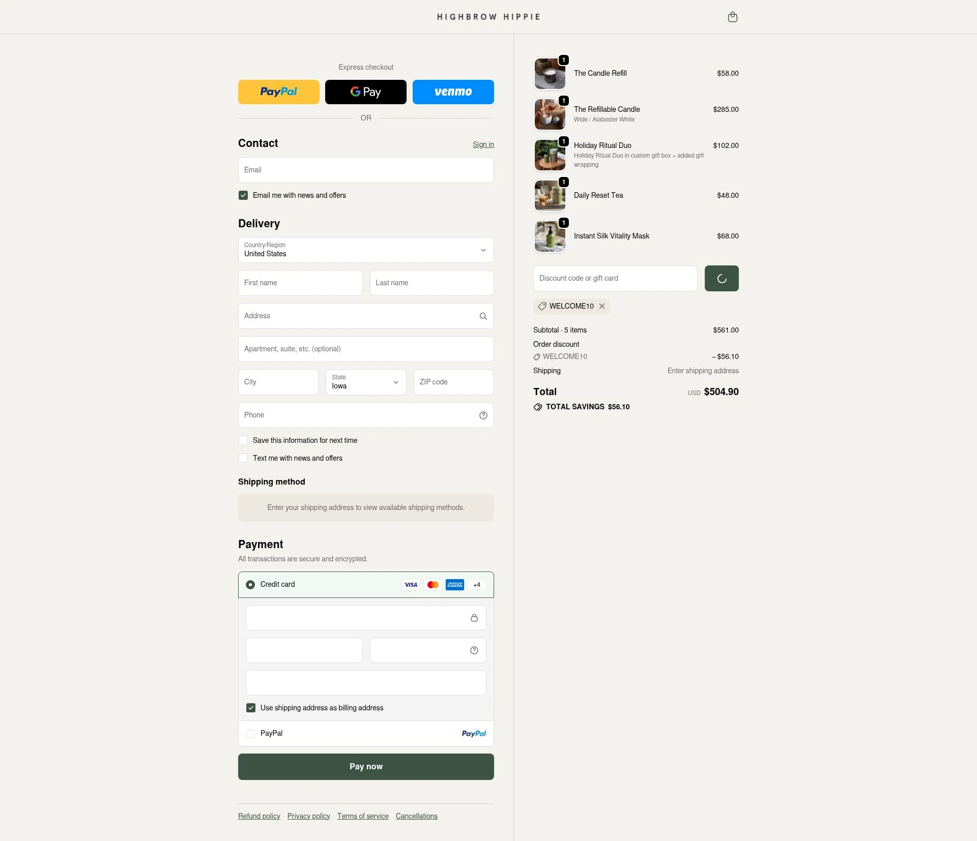 Highbrow Hippie checkout page showing Highbrow Hippie discount code box | Screenshot taken by SimplyCodes community member on Jan 2, 2026