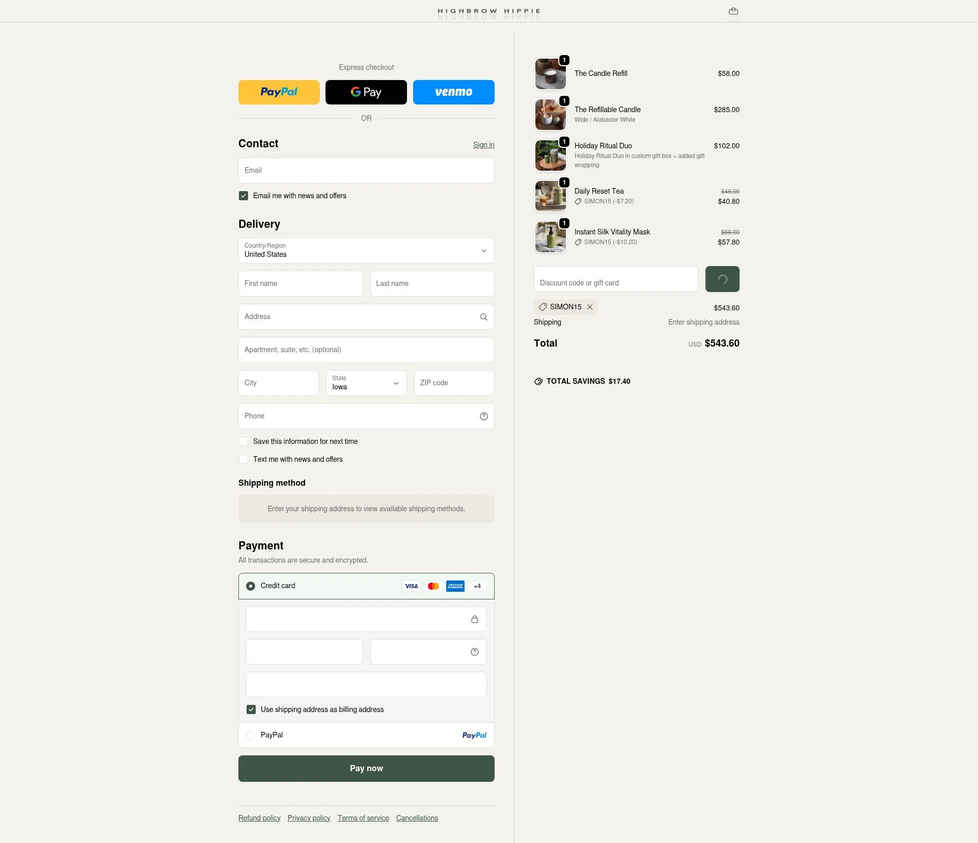 Highbrow Hippie checkout page showing Highbrow Hippie discount code box | Screenshot taken by SimplyCodes community member on Jan 2, 2026