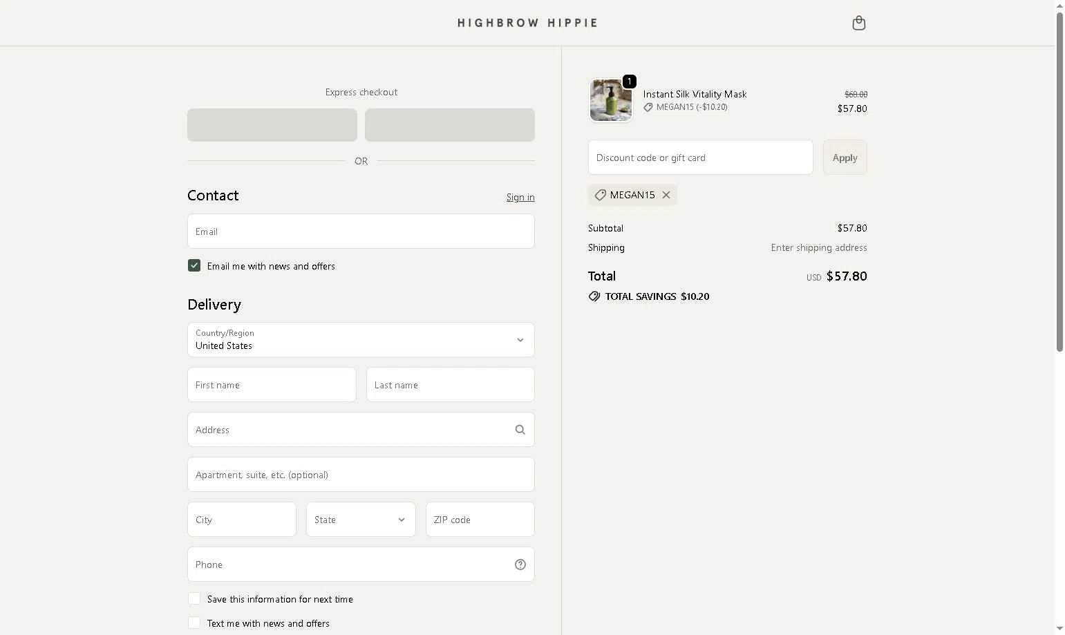 Highbrow Hippie checkout page showing Highbrow Hippie discount code box | Screenshot taken by SimplyCodes community member on Dec 29, 2025