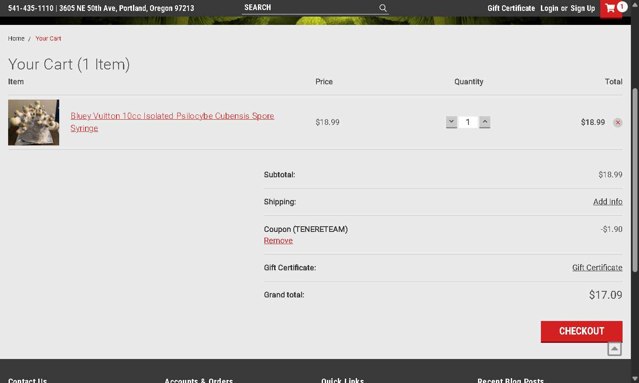 High Desert Spores checkout page showing High Desert Spores coupon code box | Screenshot taken by SimplyCodes community member on Aug 19, 2025