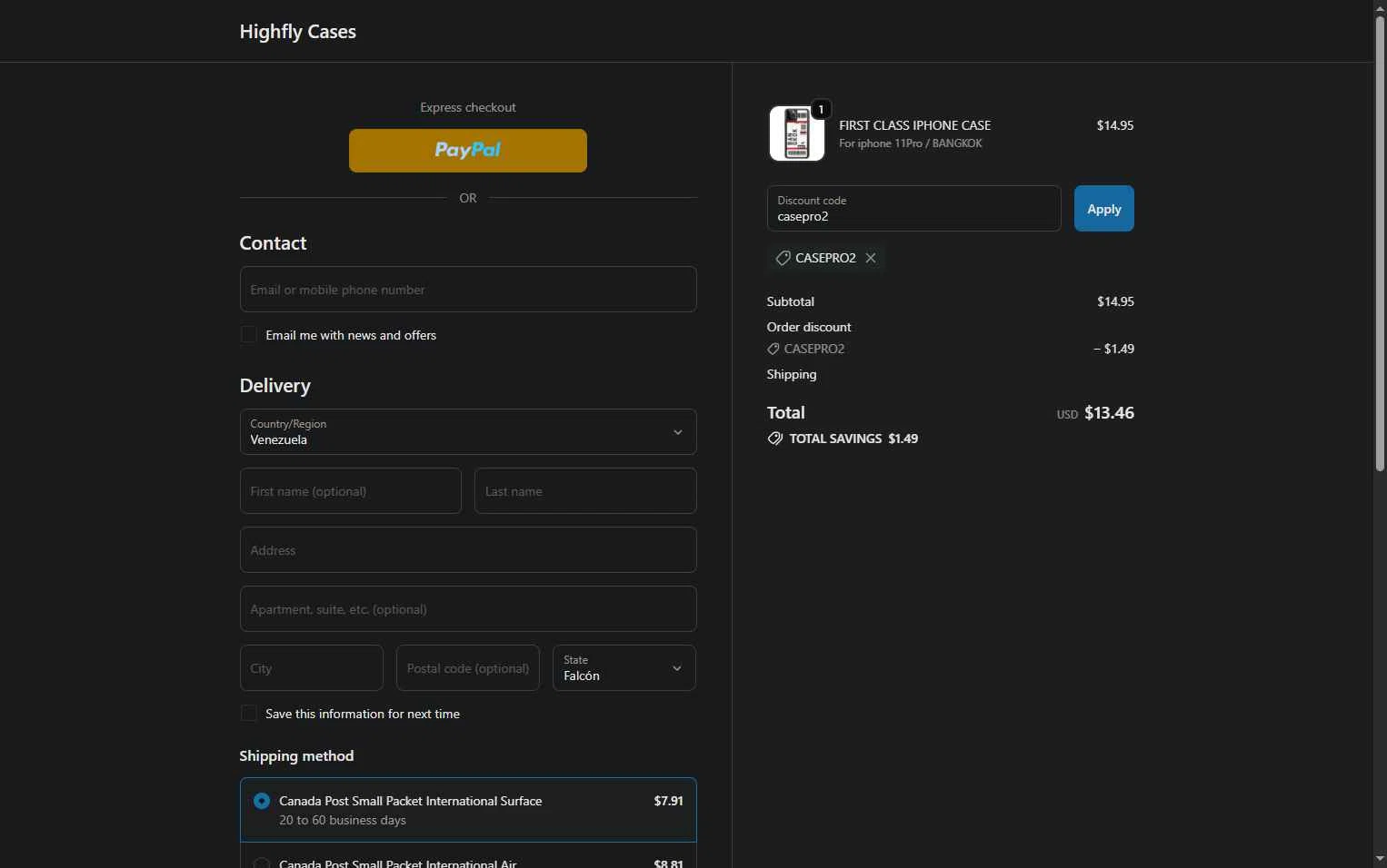 Highfly Cases checkout page showing Highfly Cases promo code box | Screenshot taken by SimplyCodes community member on Feb 10, 2026