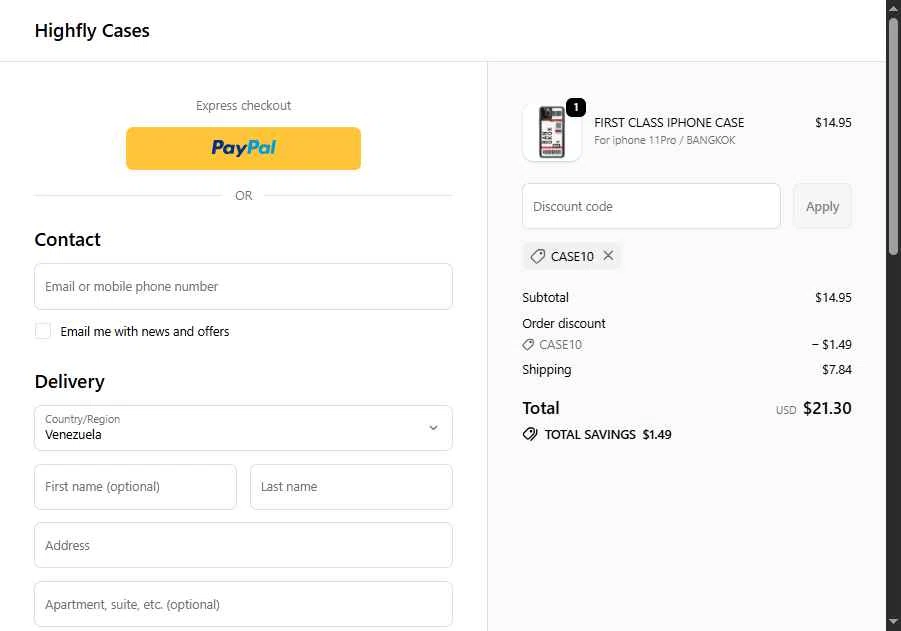 Highfly Cases checkout page showing Highfly Cases promo code box | Screenshot taken by SimplyCodes community member on Feb 7, 2026