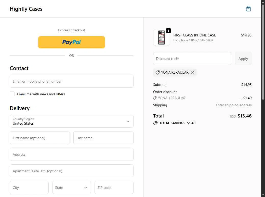 Highfly Cases checkout page showing Highfly Cases promo code box | Screenshot taken by SimplyCodes community member on Feb 4, 2026