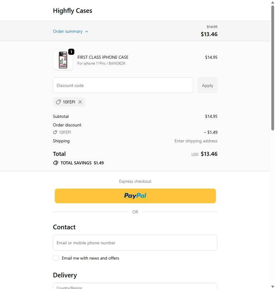 Highfly Cases checkout page showing Highfly Cases promo code box | Screenshot taken by SimplyCodes community member on Feb 3, 2026
