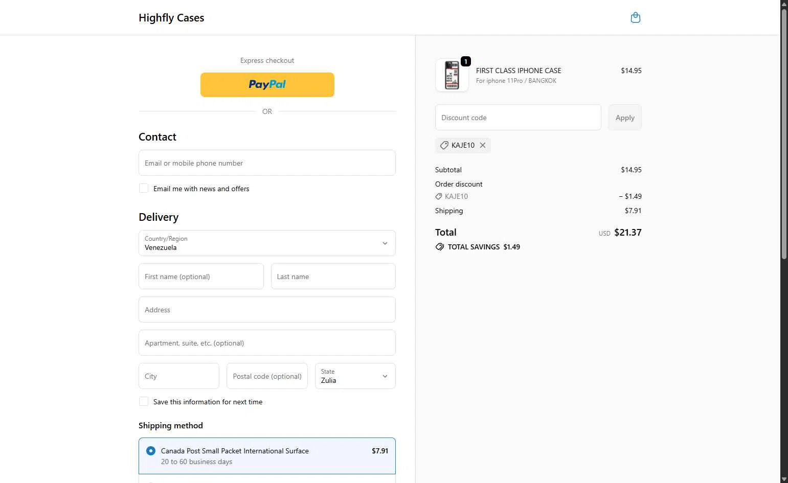 Highfly Cases checkout page showing Highfly Cases promo code box | Screenshot taken by SimplyCodes community member on Feb 10, 2026