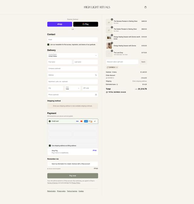 High Light Rituals checkout page showing High Light Rituals promo code box | Screenshot taken by SimplyCodes community member on Sep 4, 2025