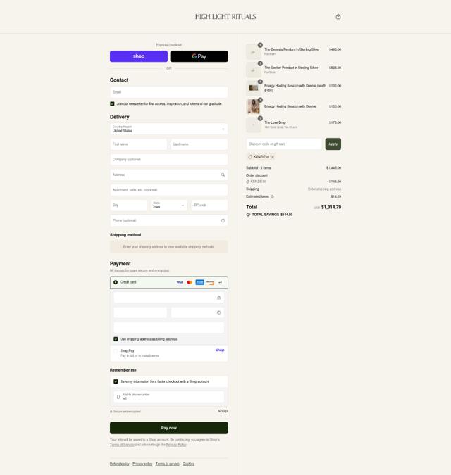 High Light Rituals checkout page showing High Light Rituals promo code box | Screenshot taken by SimplyCodes community member on Sep 4, 2025
