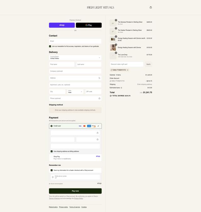 High Light Rituals checkout page showing High Light Rituals promo code box | Screenshot taken by SimplyCodes community member on Sep 9, 2025