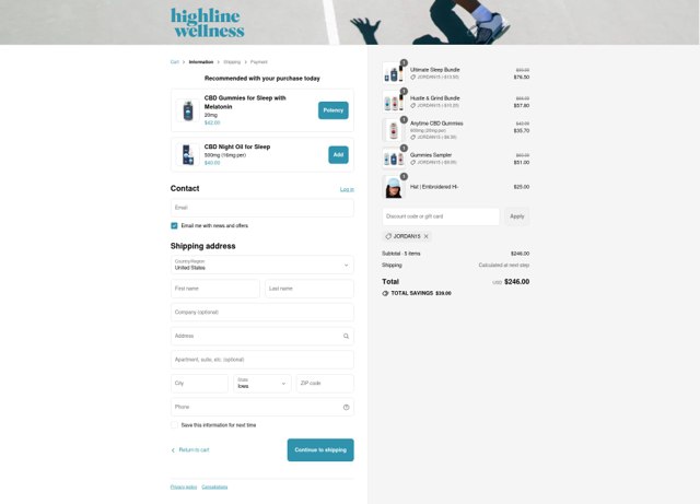 Highline Wellness checkout page showing Highline Wellness discount code box | Screenshot taken by SimplyCodes community member on Sep 4, 2025