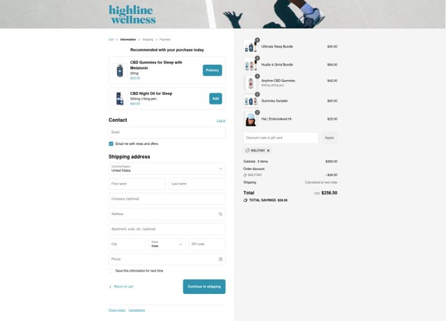 Highline Wellness checkout page showing Highline Wellness discount code box | Screenshot taken by SimplyCodes community member on Sep 4, 2025