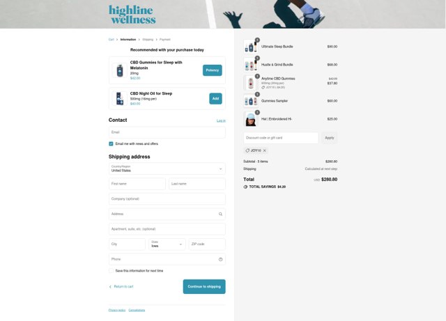 Highline Wellness checkout page showing Highline Wellness discount code box | Screenshot taken by SimplyCodes community member on Sep 4, 2025