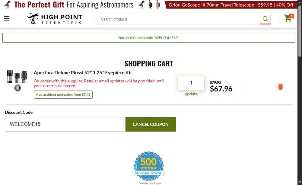 High Point checkout page showing High Point discount code box | Screenshot taken by SimplyCodes community member on Sep 30, 2025