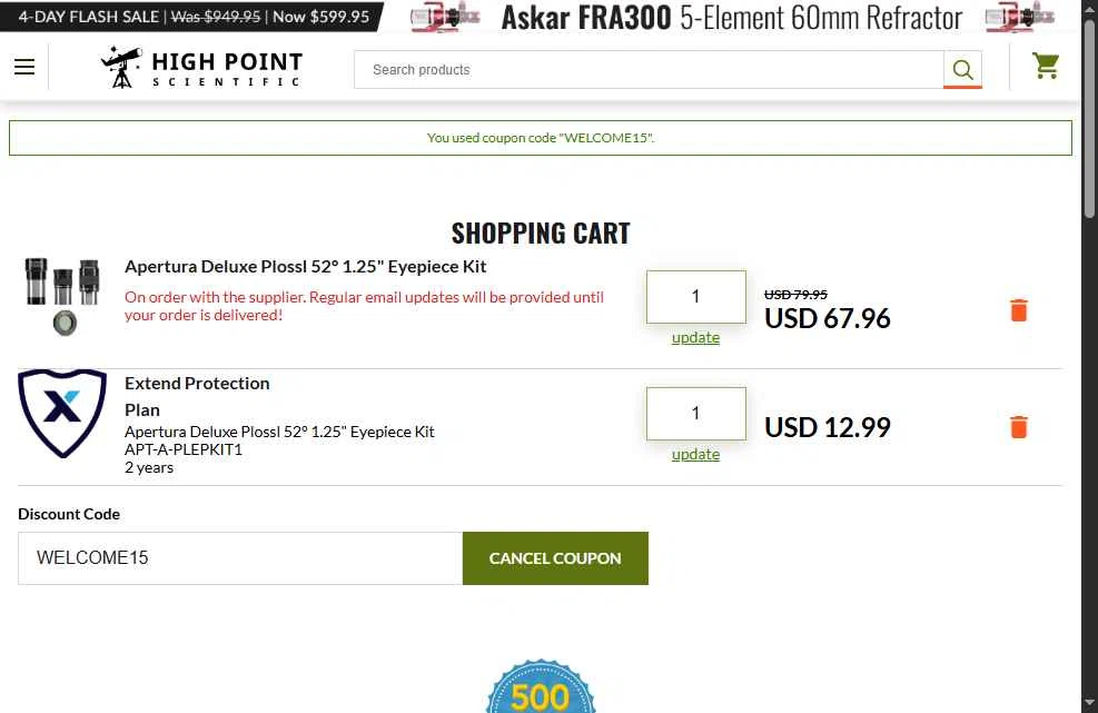 High Point checkout page showing High Point discount code box | Screenshot taken by SimplyCodes community member on Nov 15, 2025