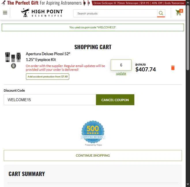High Point checkout page showing High Point discount code box | Screenshot taken by SimplyCodes community member on Oct 8, 2025
